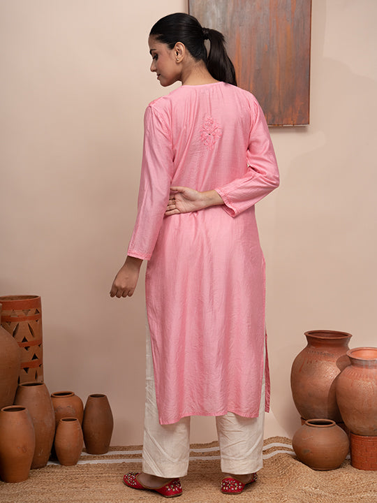 Pink chanderi kurta with hand chikankari and mukaish work