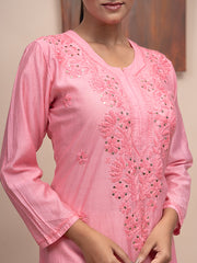 Pink chanderi kurta with hand chikankari and mukaish work