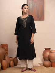 Black handloom cotton kashmiri hand thread embroidered kurta with pockets