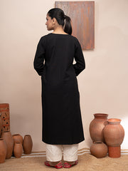 Black handloom cotton kashmiri hand thread embroidered kurta with pockets