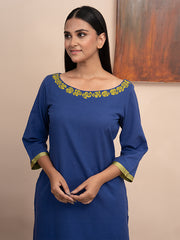 Blue handloom cotton  kurta  with pockets and hand  kashmiri thread embroidery