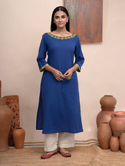 Blue handloom cotton  kurta  with pockets and hand  kashmiri thread embroidery