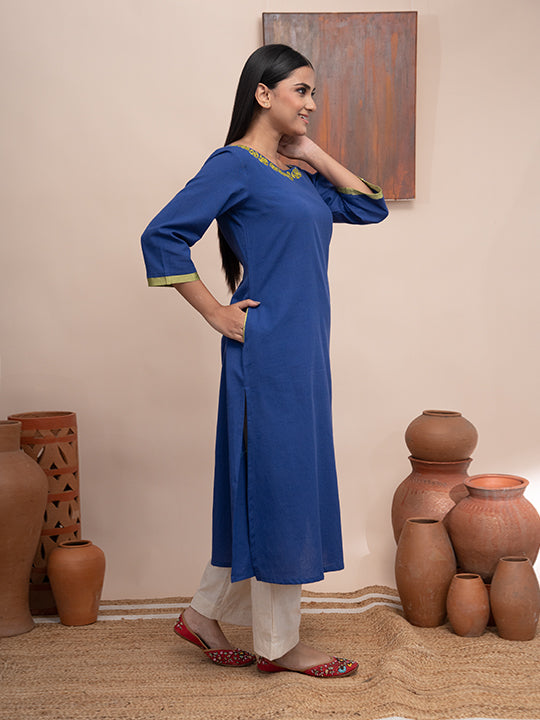 Blue handloom cotton  kurta  with pockets and hand  kashmiri thread embroidery