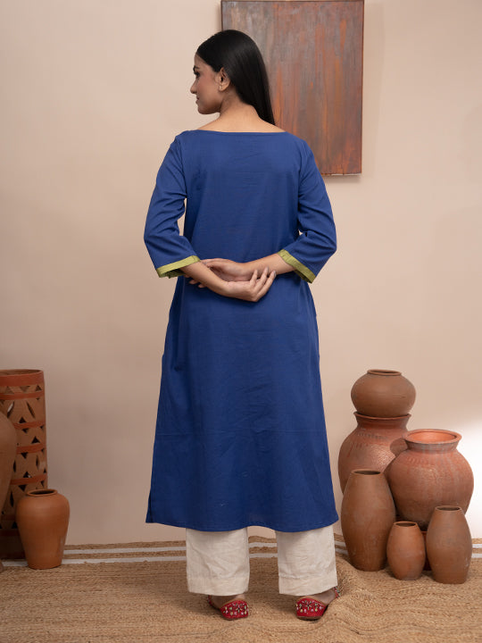 Blue handloom cotton  kurta  with pockets and hand  kashmiri thread embroidery