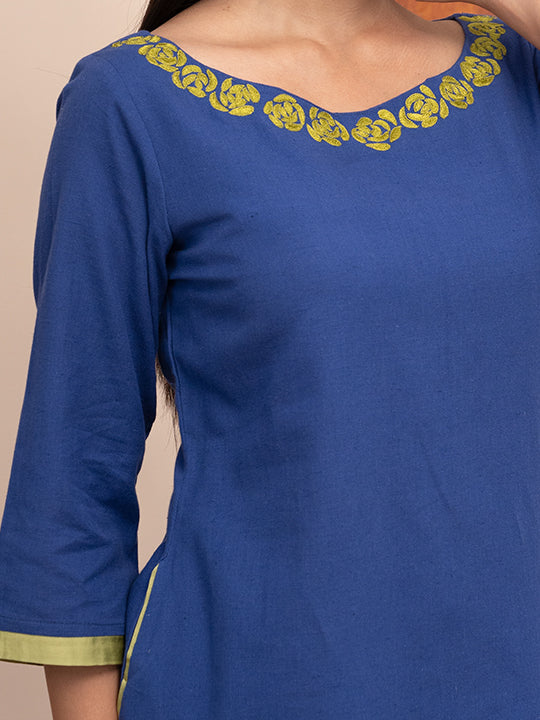 Blue handloom cotton  kurta  with pockets and hand  kashmiri thread embroidery