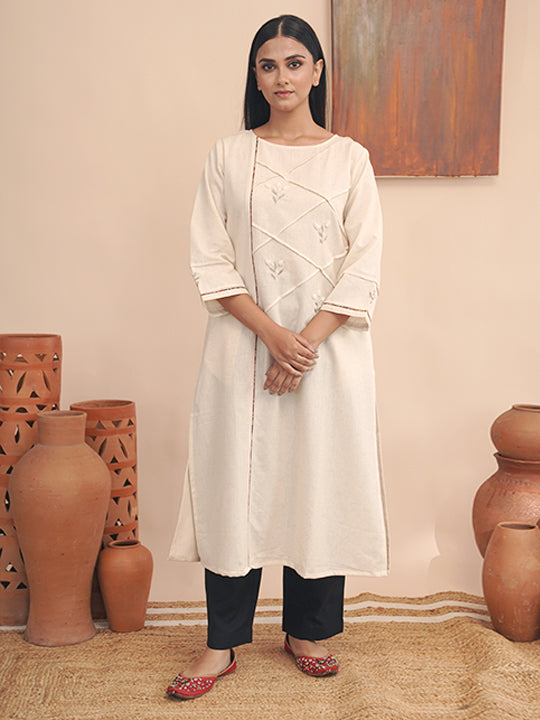 Ivory handloom cotton kurta with  kashimir tilla hand embroidery and pockets