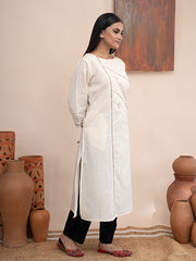 Ivory handloom cotton kurta with  kashimir tilla hand embroidery and pockets