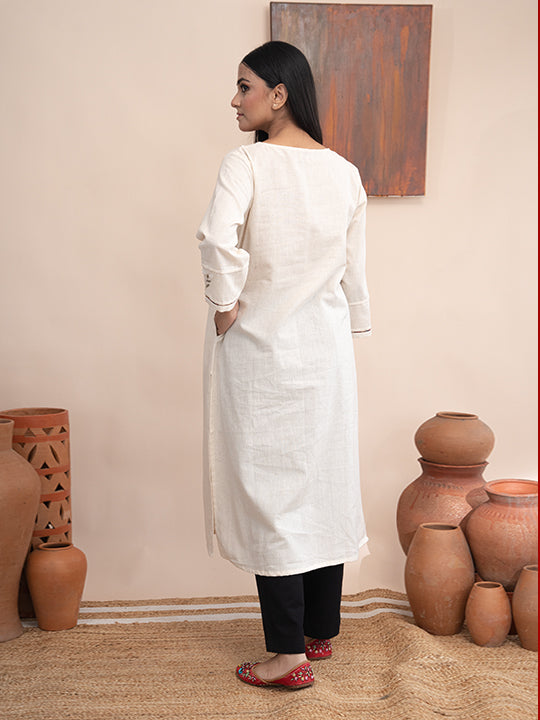 Ivory handloom cotton kurta with  kashimir tilla hand embroidery and pockets