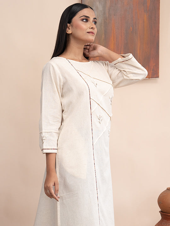 Ivory handloom cotton kurta with  kashimir tilla hand embroidery and pockets