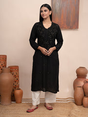 Black chanderi kurta with hand chikankari and mukaish work