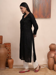 Black chanderi kurta with hand chikankari and mukaish work