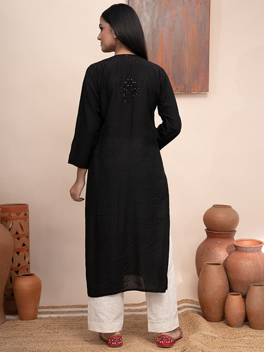 Black chanderi kurta with hand chikankari and mukaish work