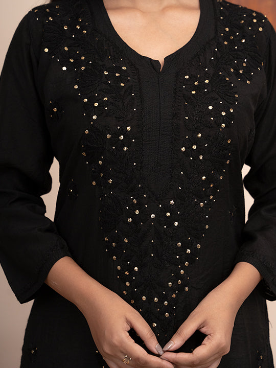 Black chanderi kurta with hand chikankari and mukaish work