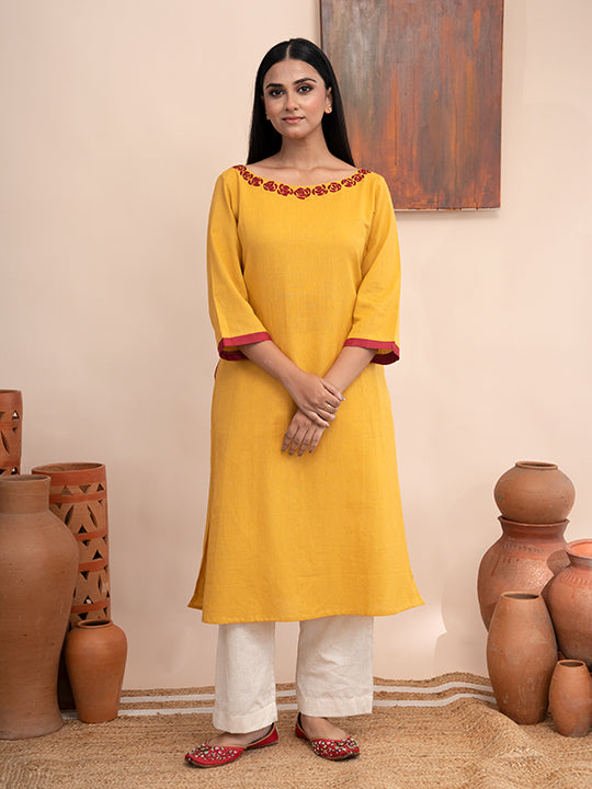 Yellow handloom cotton  kurta  with pockets and hand kashmiri thread embroidery