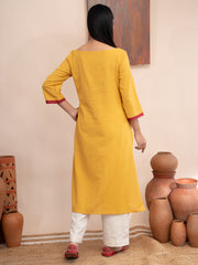 Yellow handloom cotton  kurta  with pockets and hand kashmiri thread embroidery