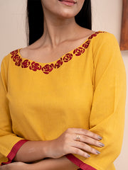 Yellow handloom cotton  kurta  with pockets and hand kashmiri thread embroidery