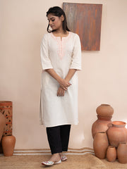 Ivory handloom cotton kashmiri hand  thread embroidered kurta with pockets