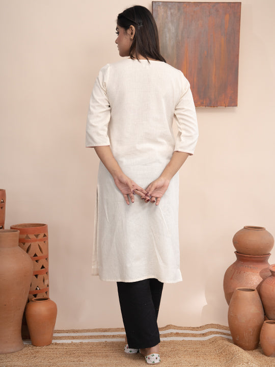 Ivory handloom cotton kashmiri hand  thread embroidered kurta with pockets