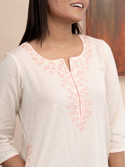 Ivory handloom cotton kashmiri hand  thread embroidered kurta with pockets