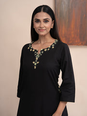 Black handloom cotton kurta with  kashimir tana hand embroidery and pockets