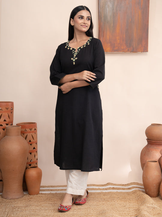 Black handloom cotton kurta with  kashimir tana hand embroidery and pockets