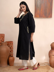 Black handloom cotton kurta with  kashimir tana hand embroidery and pockets