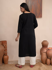 Black handloom cotton kurta with  kashimir tana hand embroidery and pockets