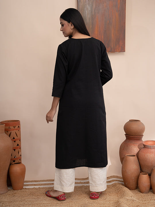 Black handloom cotton kurta with  kashimir tana hand embroidery and pockets