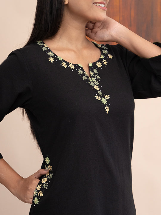 Black handloom cotton kurta with  kashimir tana hand embroidery and pockets