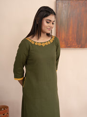 Olive Green handloom cotton  kurta  with pockets and hand  kashmiri thread embroidery