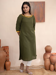 Olive Green handloom cotton  kurta  with pockets and hand  kashmiri thread embroidery