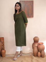 Olive Green handloom cotton  kurta  with pockets and hand  kashmiri thread embroidery