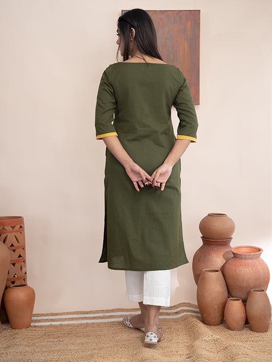 Olive Green handloom cotton  kurta  with pockets and hand  kashmiri thread embroidery