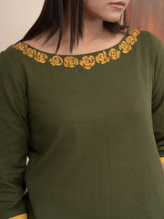 Olive Green handloom cotton  kurta  with pockets and hand  kashmiri thread embroidery