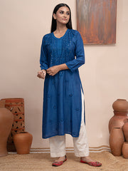 Blue chanderi kurta with hand chikankari and mukaish work