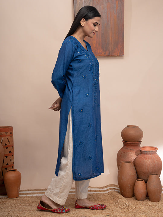 Blue chanderi kurta with hand chikankari and mukaish work