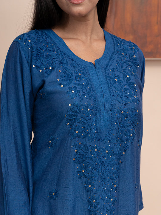 Blue chanderi kurta with hand chikankari and mukaish work