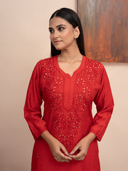 Red chanderi kurta with hand chikankari and mukaish work