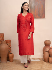 Red chanderi kurta with hand chikankari and mukaish work