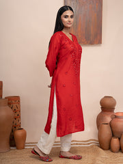 Red chanderi kurta with hand chikankari and mukaish work