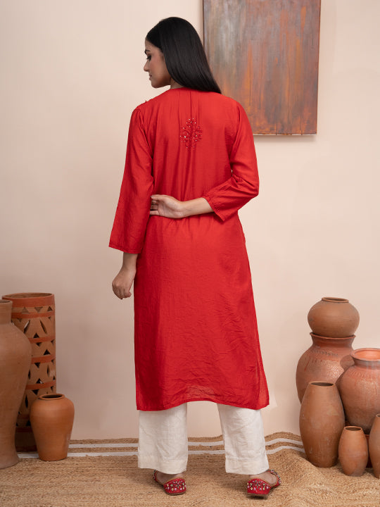 Red chanderi kurta with hand chikankari and mukaish work