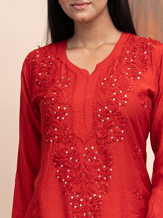 Red chanderi kurta with hand chikankari and mukaish work