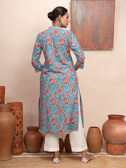 Blue Printed Flat Collar Kurta with Pockets