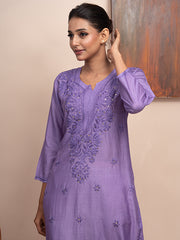 Purple chanderi kurta with hand chikankari and mukaish work