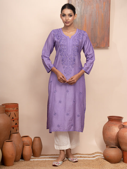 Purple chanderi kurta with hand chikankari and mukaish work