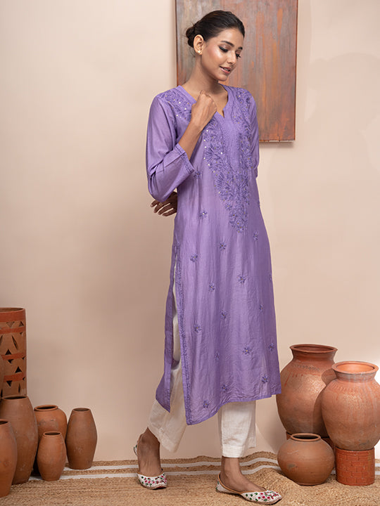 Purple chanderi kurta with hand chikankari and mukaish work