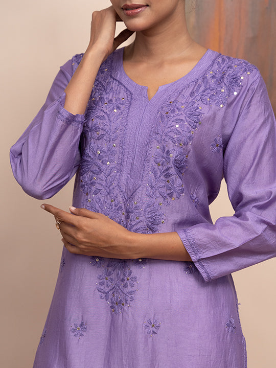 Purple chanderi kurta with hand chikankari and mukaish work