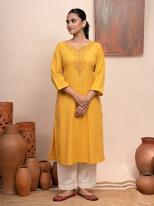 Yellow handloom cotton kashmiri hand  thread embroidered kurta with pockets