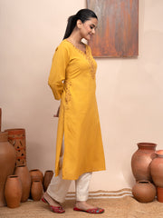 Yellow handloom cotton kashmiri hand  thread embroidered kurta with pockets