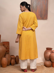 Yellow handloom cotton kashmiri hand  thread embroidered kurta with pockets